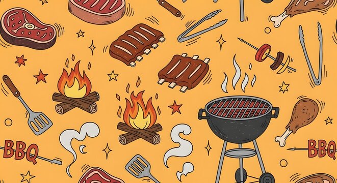 Festive fathers day background bbq grill steak campfire seamless pattern