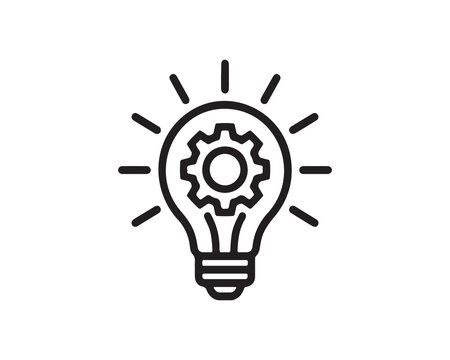  Minimalist black light bulb outline with gear symbol inside, short rays radiating outward, flat vector style, geometric design, symbolizing innovation and technology on white background