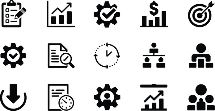 Project management icon set, business teamwork, analysis, planning, development, target, marketing and time management vector collection for workflow organization and corporate productivity design 