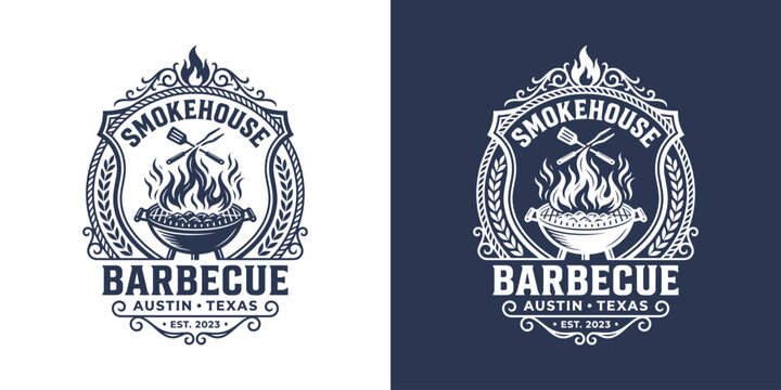Smokehouse barbecue logo design grill flames heraldry style emblem