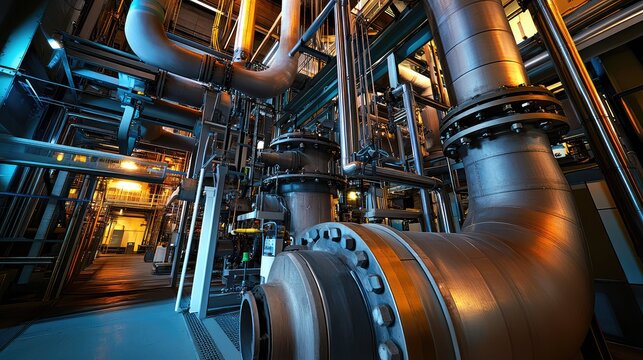 Industrial manufacturing plant interior with pipes and machinery