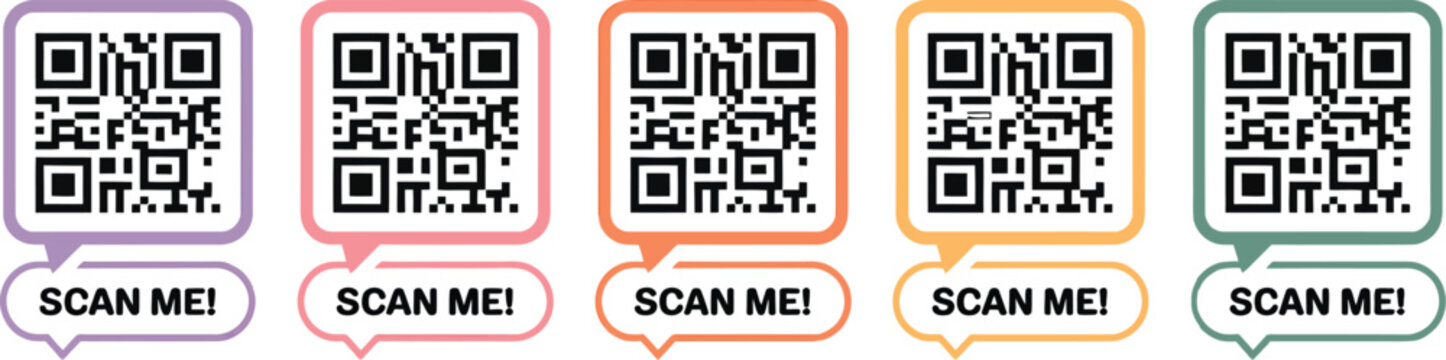 QR code color set, scan me tag collection with QR code, vector illustration for digital payment, product tracking, marketing labels and interactive scan design elements.
