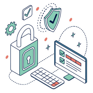 Isometric illustration of digital data security privacy protection system access with padlock shield monitor secure access web security safe zone privacy policy security protection cybersecurit