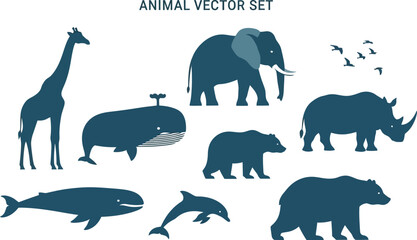 Animal vector set giraffe elephant rhino bear whale and dolphin illustrations © ALO