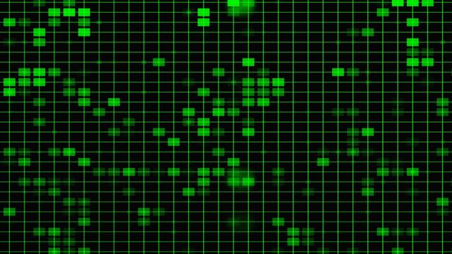 Digital grid with flashing green squares and abstract data flow motion in abstract technology background.