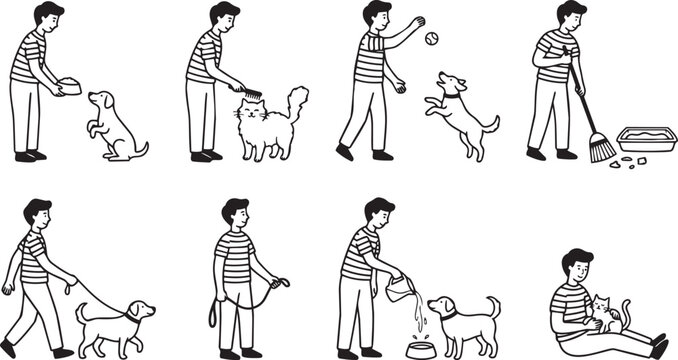 Male Dog Owner Vector Illustration Set - Man Playing and Caring for Dog