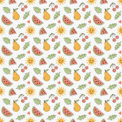 Naklejka premium Summer fruit and sun seamless pattern: hand-drawn watermelon, pear, cherry, and tropical leaves in cute doodle style on white background