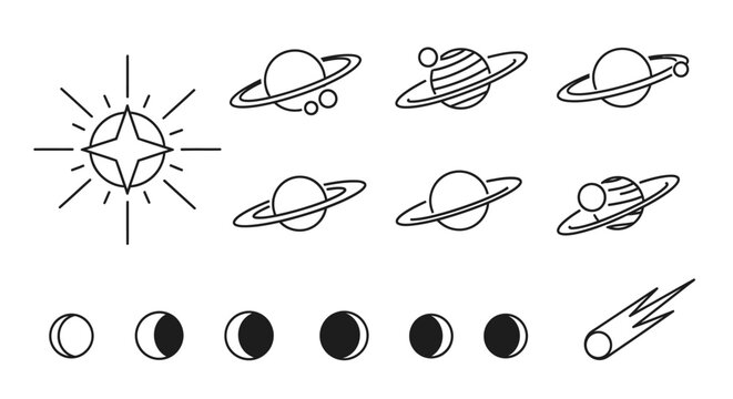 Minimalist celestial icons including planets moon phases and sun