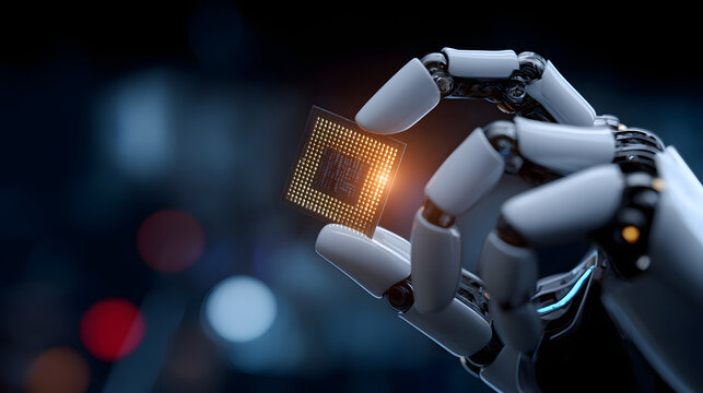 Cinematic close up of humanoid robot hand holding glowing microchip, futuristic technology, precise robotic fingers and circuitry conveying innovation and intelligent design