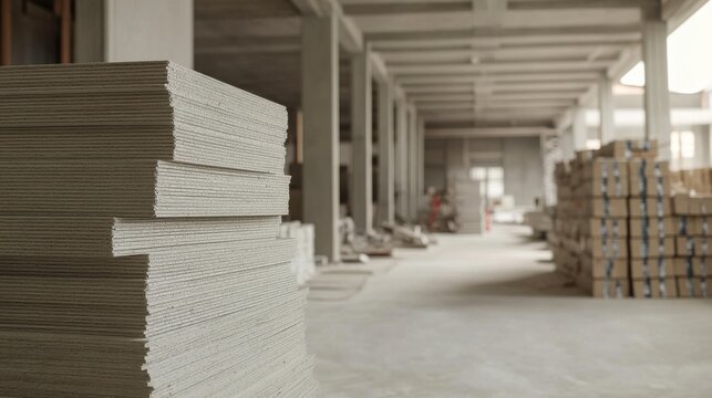 Stack of plasterboard sheets in an unfinished construction space