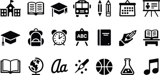 School icon set, education and school subject symbols, vector illustration collection for learning, classroom tools, academic subjects and educational interface design elements. © Rina