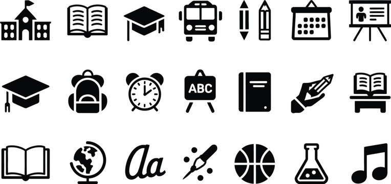 School icon set, education and school subject symbols, vector illustration collection for learning, classroom tools, academic subjects and educational interface design elements.