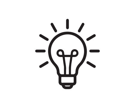 Minimalist black light bulb outline with filament inside, short rays radiating outward, flat vector style, geometric design, symbolizing creativity and new ideas on white background