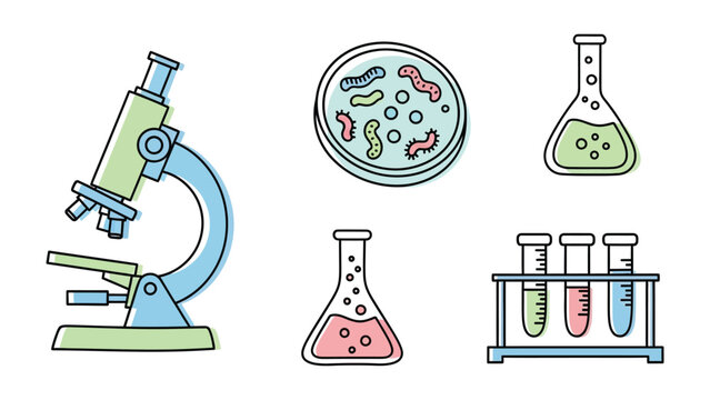 Lab Essentials Illustrated: A collection of laboratory essentials. This illustration is perfect for illustrating concepts such as scientific research, experimentation and the scientific method. 