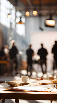 Coffee cup on wooden table with paperwork and blurred film production workspace with crew in background expressing focused atmosphere