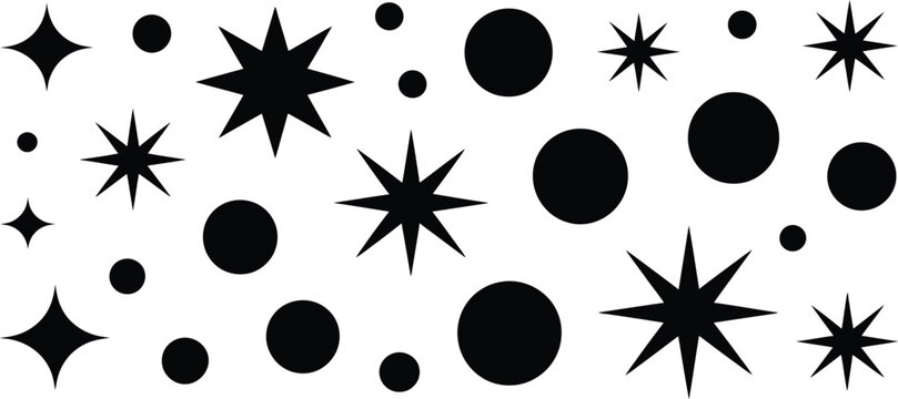 Black starburst shapes, geometric icons, explosion symbols, abstract design elements