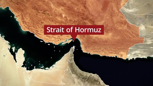 Camera zooms into the Strait of Hormuz on a satellite map. Graphic overlays and labels show the location of Iranian blockade of the important oil and cargo shipping route. Israel US Iran War Map