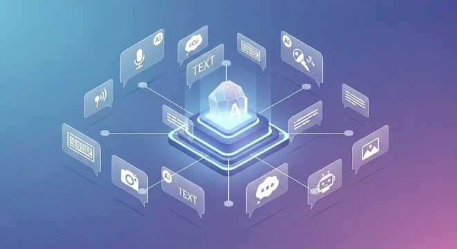 Isometric illustration of an advanced artificial intelligence processing hub connecting diverse digital communication channels and data streams for intelligent information management and analysis