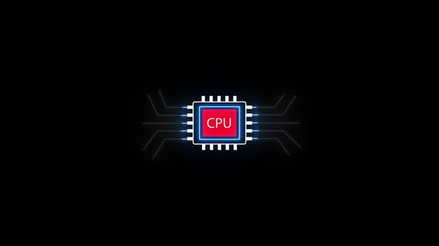 Computer cpu central processing unit neon light. Symbolizes computing power, data and the brain of digital operations in modern technology. Computer CPU icon represents the central processing unit