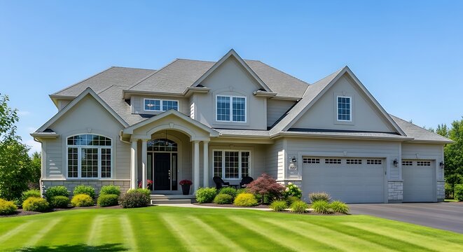 Large modern gray house with green lawn