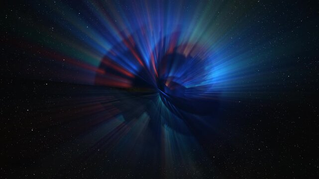 Abstract multicolor glow sphere with rays, science background. Bizzard planet structure in space, 4k