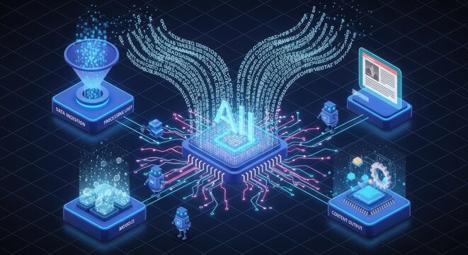 Futuristic digital ecosystem powered by a central artificial intelligence processor, driving data analysis, machine learning, and automated solutions for technological innovation
