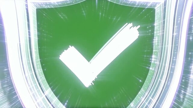 Sparkling digital shield check mark animation green concept shows safe secure protection success feeling with bright cyber light