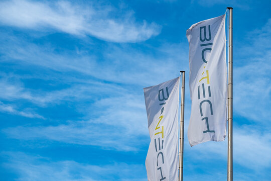BioNTech headquarters with company flags, German biotechnology Manufacturing company, active immunotherapies, Mainz, Germany - September 7, 2024