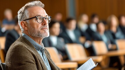 Fototapeta premium Thoughtful Professor with Book in Lecture Hall Attentive Audience in Background.