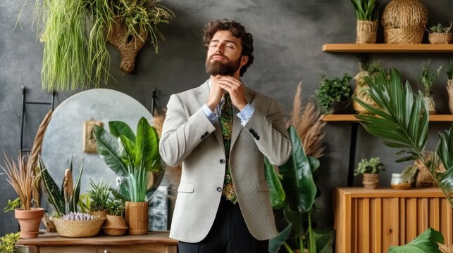 A man in a light gray suit adjusts his tie in a room filled with plants.