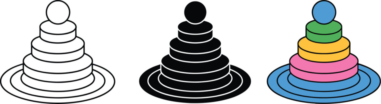 Stacking rings toy icon, educational play and learning sign vector illustration for early childhood development, kindergarten learning tools and kids educational toy design elements.
