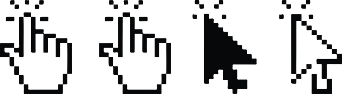 Set of retro black and white pixel art computer cursors featuring hand pointers and arrow icons isolated on white background