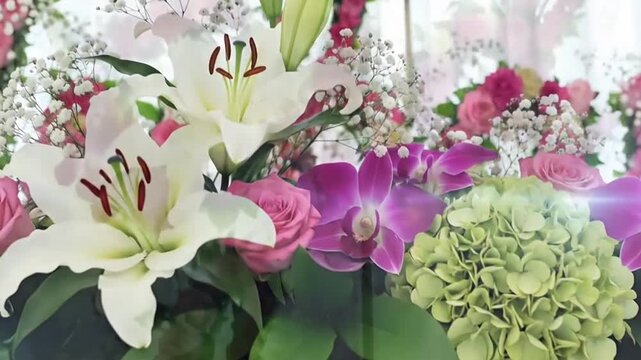 Vibrant floral arrangement with roses lilies and hydrangeas in bloom