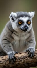 Fototapeta premium Close-up portrait of a Ring-tailed Lemur with bright orange eyes on a branch