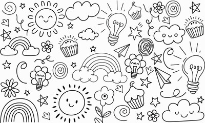 Doodle elements collection with sun clouds rainbows lightbulbs cupcakes hand drawn line art paper plane digital art illustration scribble lightbulb background isolated childish. © Jubaida