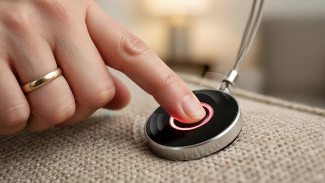 Close up of a person's finger activating an emergency alert system with a biometric scanner, a red light indicating the call for help, ensuring rapid response for personal safety and security