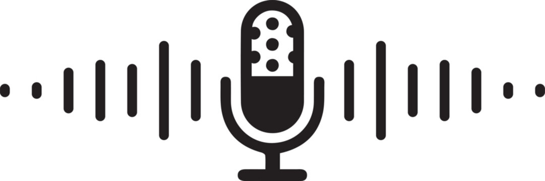 Black and white microphone icon with sound waves representing audio recording and broadcasting concepts