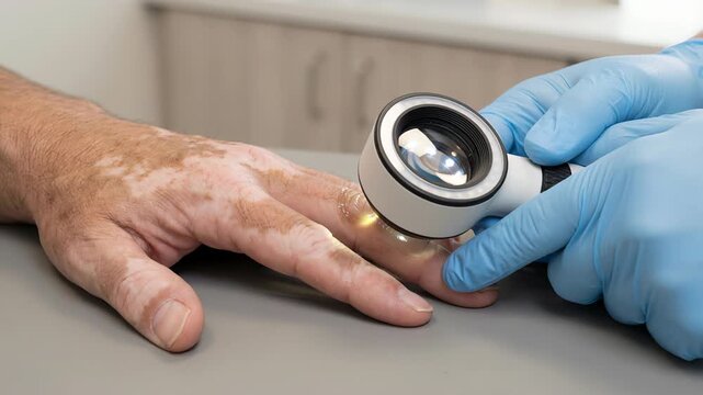 Medical professional wearing blue gloves performing a dermatoscopy on a patient's hand affected by vitiligo to examine skin depigmentation and diagnose potential skin conditions