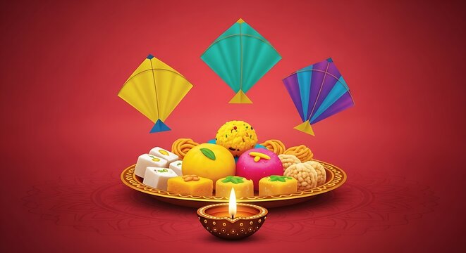 Colorful sweets with kites and diya on tray