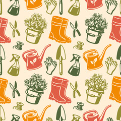 Light gardening seamless pattern featuring watering can, gloves, potted plant, seeds, boots, and tools. Perfect spring background for fabric, wallpaper, or packaging. © Vigurskaia Sofiya