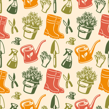 Light gardening seamless pattern featuring watering can, gloves, potted plant, seeds, boots, and tools. Perfect spring background for fabric, wallpaper, or packaging.
