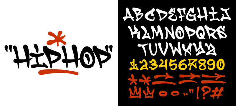 Professional hip hop font set featuring spray paint drips and urban street art style. Complete alphabet and numbers with hand drawn aesthetic for streetwear branding and creative graphic designs.