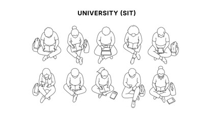 Naklejka premium Top view line illustration of sitting people set, diverse characters with bags and books in overhead perspective, clean minimal outline style for urban and architectural drawing use