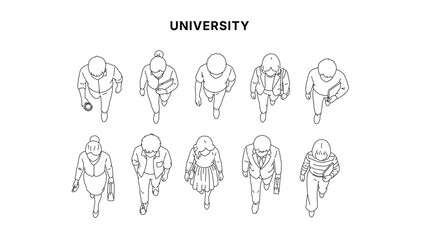 Top view line illustration of walking people set, diverse characters with bags and books in overhead perspective, clean minimal outline style for urban and architectural drawing use © feipco