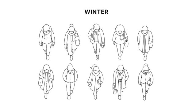 Top view architectural line illustration of people in winter outfits walking, coats and scarves, overhead perspective for urban lifestyle, cold weather and architectural drawing use