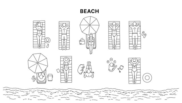 Top view line illustration of people relaxing on beach with umbrella, sunbathing and summer leisure activities, overhead perspective in clean minimal outline style
