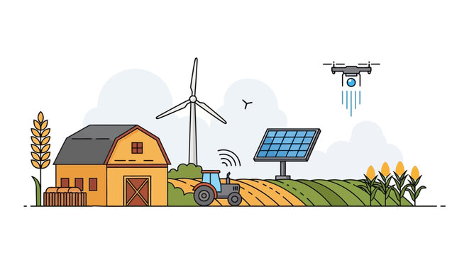 Smart Farming & Sustainable Agriculture Concept. Precision Technology with Drone, Solar, Wind Power, Connected Tractor on Modern Farm.