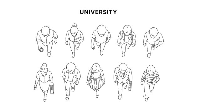Top view line illustration of walking people set, diverse characters with bags and books in overhead perspective, clean minimal outline style for urban and architectural drawing use