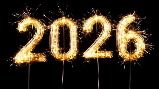 Sparkling firework numbers spelling out the year two thousand twenty-six.