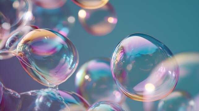 Floating soap bubbles with iridescent reflections on clean white background
